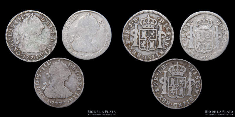 Potosí. Carlos III (1759-1789) 2 Reales 1775, 76 y 84 JR y PR. Lote x3. Plata. A...