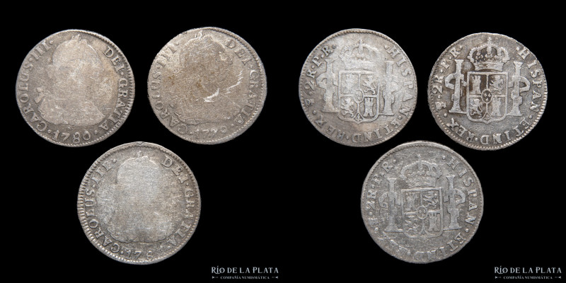 Potosí. Carlos III (1759-1789) 2 Reales 1779, 80 y 81 PR. Lote x3. Plata. A clas...