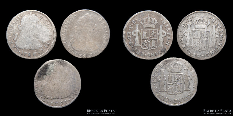 Potosí. Carlos III (1759-1789) 2 Reales 1781, 85 y 86 PR. Lote x3. Plata. A clas...