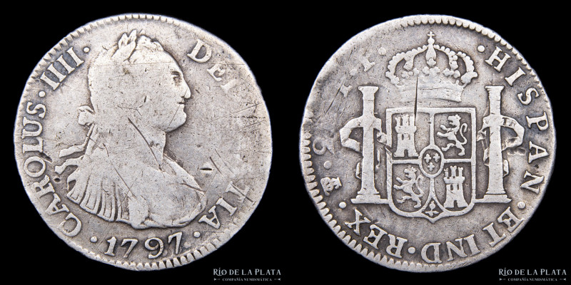 Potosí. Carlos IV (1788-1808) 2 Reales 1797 PP (Pedro Mazondo, Pedro Martín Albi...