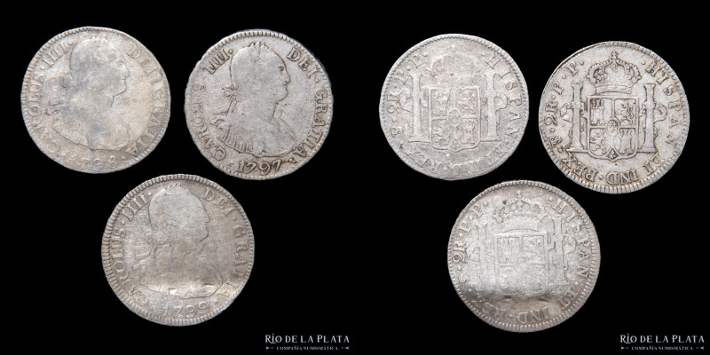 Potosí. Carlos IV (1788-1808) 2 Reales 1797, 98, 99 PP. Lote x3. Plata. A clasif...