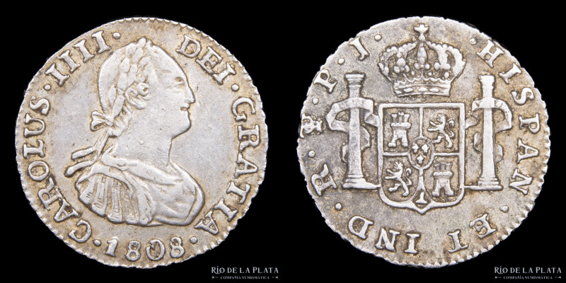 Potosí. Carlos IV (1788-1808) 1/2 Real 1808 PJ. AG.896; 16mm; 1.76g. CJ 80.20.2 ...