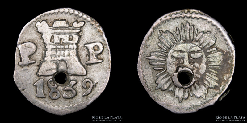 Argentina. Córdoba. 1/4 Real 1839. AG; 13.0mm; 0.77g. CJ 7.1.2 (A31-R17) (F+/VF)...