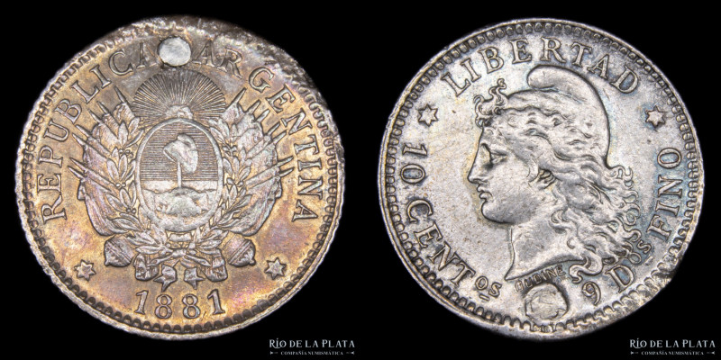 Argentina. 10 Centavos 1881. AG.900; 18.0mm; 2.38g. Solo 1.020 acuñadas durante ...