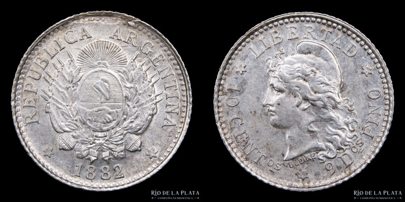 Argentina. 10 Centavos 1882. AG.900; 18.3mm; 2.50g. Buenos Aires mint. Marca a e...