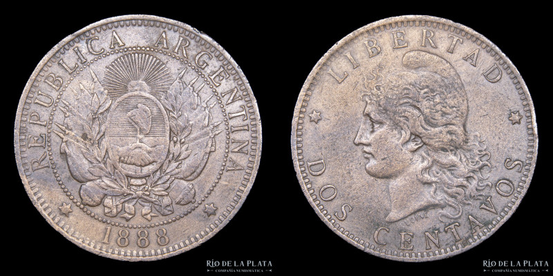 Argentina. 2 Centavos 1888. Buenos Aires mint. CU; 30.0mm; 10.00g. Fecha escasa....