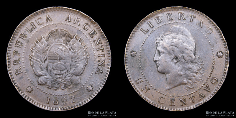 Argentina. 1 Centavo 1892. Buenos Aires mint. CU, 25.0mm; 5.00g. CJ 47; KM32 (VF...