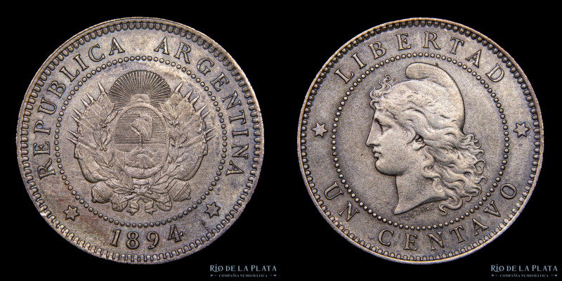 Argentina. 1 Centavo 1894. Buenos Aires mint. Plateado de época. CU; 25.0mm; 5.0...