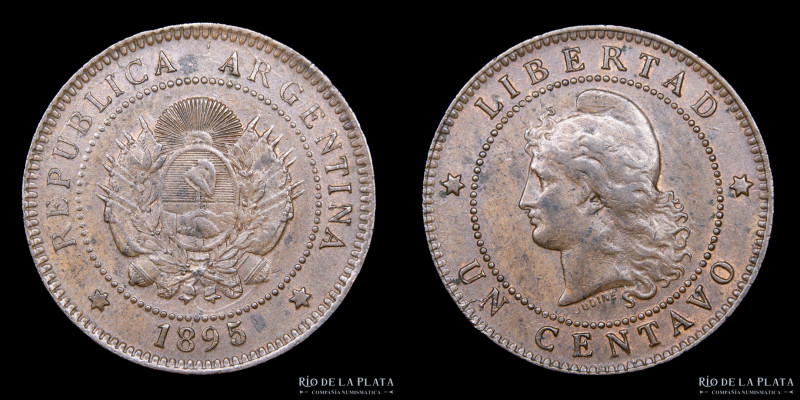 Argentina. 1 Centavo 1895. Buenos Aires mint. CU, 25.0mm; 4.89g. Muy escasa. CJ ...