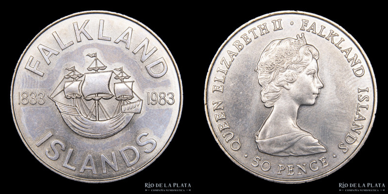 Malvinas (Ocupación Británica: Falklands) 50 Pence 1983. Cu-Ni; 38.6mm; 28.28g. ...