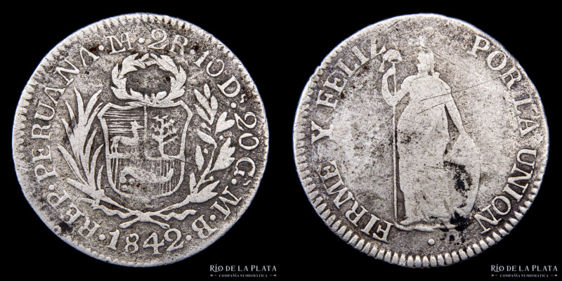 Perú. 2 Reales 1842 efecto de V invertida en Peruana por empaste de cuño o rotur...