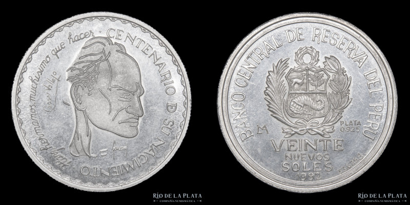 Perú. 20 Nuevos Soles 1992. Centenario de Cesar Vallejo. AG.925; 37.0mm; 33.62g....