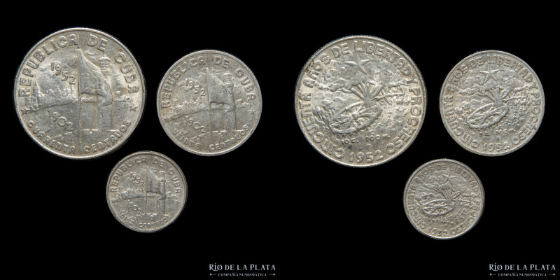 Cuba. 10, 20 y 40 Centavos 1952. Jose Marti. AG.900. 17.44g totales. Lote x3. KM...