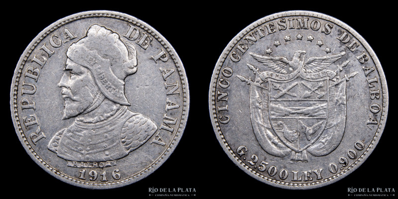 Panamá. 5 Centésimos 1916. AG.900; 17.0mm; 2.46g. KM2 (VF) Rayas sobre la fecha....