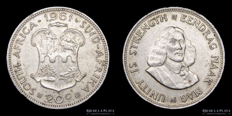 Sudáfrica. 20 Cents. 1961. AG .500; 28,7mm; 11,3g. KM61 (VF)

Estimate: USD 10...