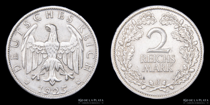 Alemania. Weimar. 2 Reichsmarks 1925J. Ceca de Hamburgo. AG.500; 26.0mm; 10.00g....