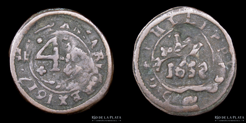 España. Felipe IV (1621-1665) 4 Maravedis 1652 sobre 2 maravedis 1621. CU; 21.0m...