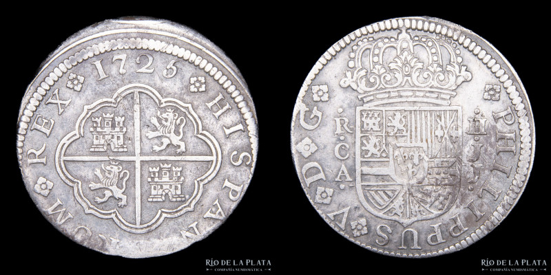 España. Felipe V (1700-1746) 2 Reales 1725 Cuenca. AG.833; 26.7mm; 5.02g. KM297....