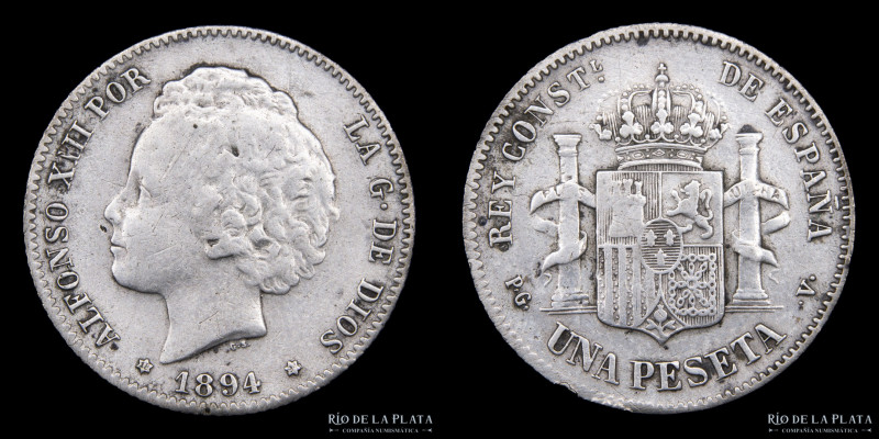 España. Alfonso XIII (1886-1931) 1 Peseta 1894. AG .835; 23.0mm; 5.00g. KM703 (V...