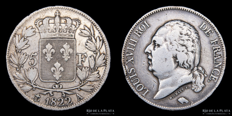 Reino de Francia. Luis XVIII (1814-1824). 5 Francs 1822. AG.900; 37.0mm; 25.00g....