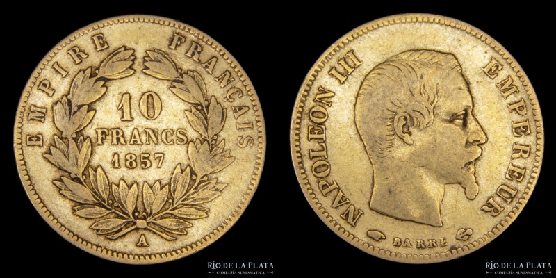 Francia. Napoleon III (1852-1870) 10 Francs 1857 A. Ceca de París. AU.900; 18.5m...