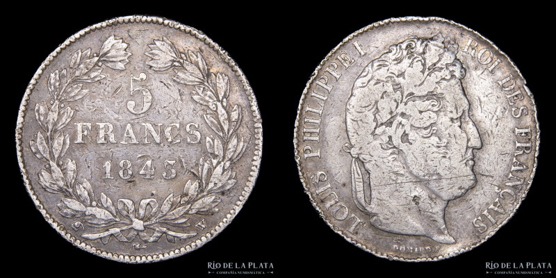 Francia. Luis Felipe (1830-1848) 5 Francs 1843. AG.900; 37.0mm; 24.60g. KM749 (F...