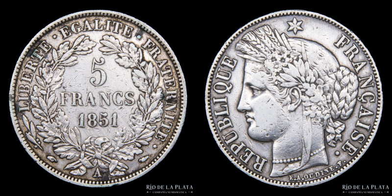 Francia (2º República) 5 Francs 1851 A. Paris Mint. AG.900; 38.0mm; 24.70g. KM76...