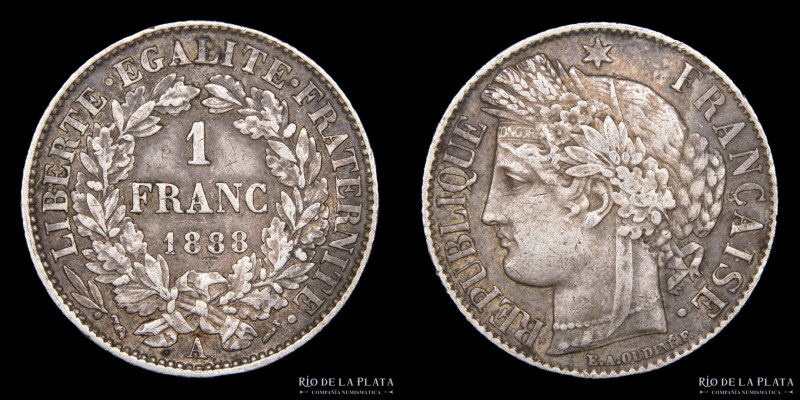 Francia. 1 Franc 1888 A. AG.835; 23.0mm; 5.00g. KM822.1 (VF)

Estimate: USD 20...