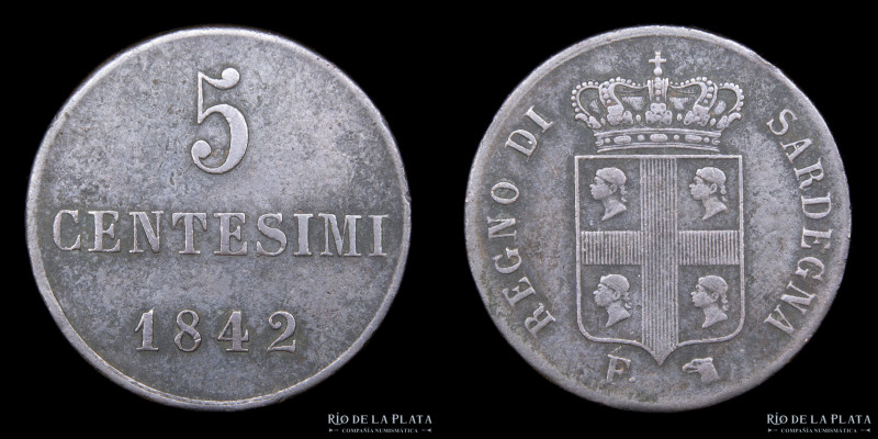 Cerdeña. Carlos Alberto (1831-1849) 5 Centesimi 1842. CU; 24.0mm; 5.00g. KM140 (...