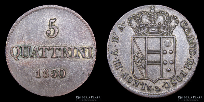 Gran Ducado de Toscana. Leopoldo II 1824-1848. 5 Quattrini 1830. Vellón bajo; 24...