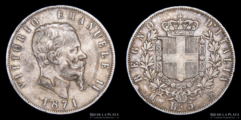 Italia. V. Emanuele II (1861-1878) 5 Lire 1871 M BN. Ceca de Milán. AG.900; 37.0...