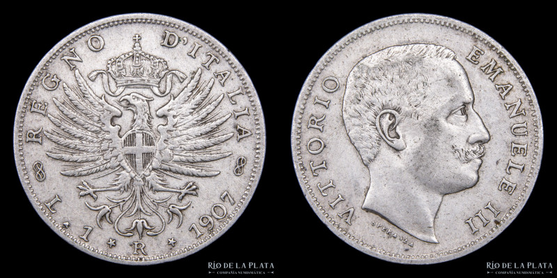 Italia. V. Emanuele III (1900-1946) 1 Lira 1907 R. AG.835, 27.0mm; 4.95g. Escasa...