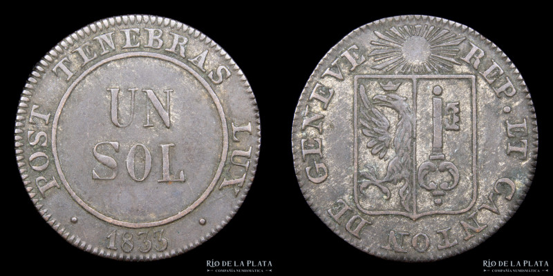 Suiza, Cantón de Ginebra. 1 Sol 1833. Vellón bajo; 17.0mm; 1.00g. KM120 (VF)

...