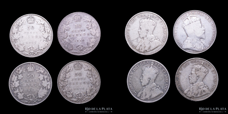 Canadá. Lote x 4 monedas de plata 1910-1916. 4 x 50 Cents. 45.60g en total. A cl...