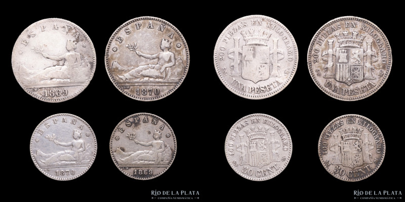 España. Gob. Provisional. 1869 y 70. Lote x4. 1 Peseta y 50 Céntimos. Plata; 14....