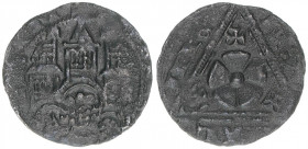 Simon I. 1275-1344
Lippe. Denar. dreitürmisches Gebäude - Lippische Rose MON-ETAL-IPPE - 19,5mm breites Stück - schwarze Patina - selten
Lippstadt
1,0...
