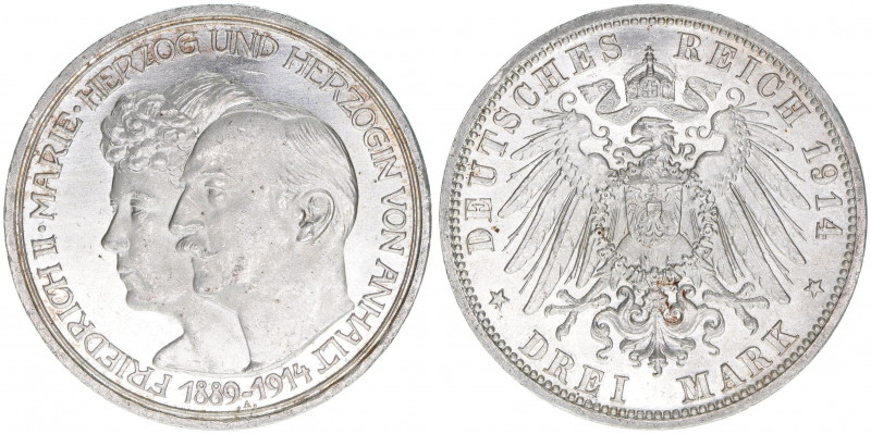 Friedrich II. 1904-1918
Anhalt. 3 Mark, 1914 A. zur Silbernen Hochzeit
16,67g
J....