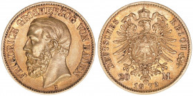Friedrich I. 1856-1907
Baden. 20 Mark, 1872 G. 7,93g
J.184
ss/vz