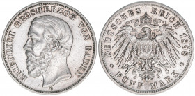 Friedrich I. 1856-1907
Baden. 5 Mark, 1898 G. 27,62g
J.29
ss+