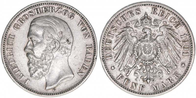 Friedrich I. 1856-1907
Baden. 5 Mark, 1901 G. 27,69g
J.29
ss+