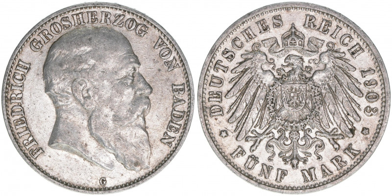 Friedrich I. 1856-1907
Baden. 5 Mark, 1903 G. 27,65g
J.33
ss/vz