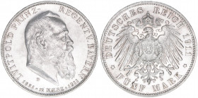 Prinzregent Luitpold 1821-1912
Bayern. 5 Mark, 1911 D. 27,74g
J.50
stfr-