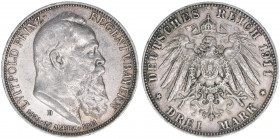 Prinzregent Luitpold
Bayern. 3 Mark, 1911 D. zum 90. Geburtstag
16,60g
J.49
ss/vz