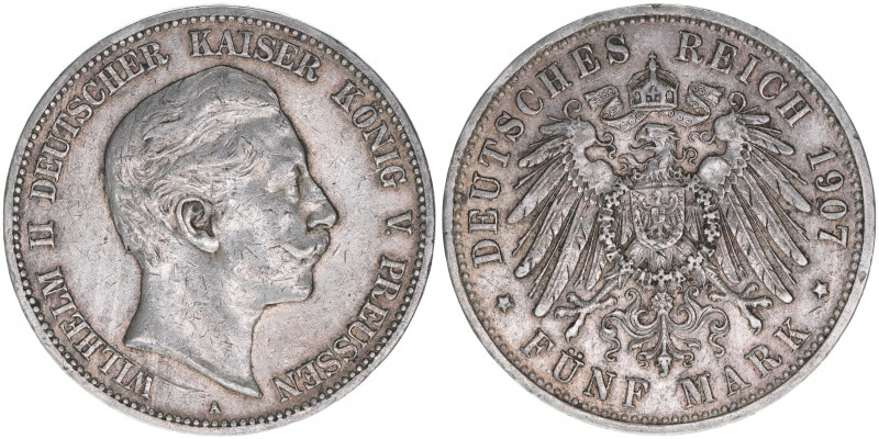 Wilhelm II. 1888-1918
Preussen. 5 Mark, 1907 A. 27,65g
J.104
ss