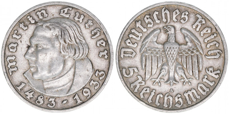 Martin Luther
5 Reichsmark, 1933 A. selten
13,94g
Schön 69
ss/vz