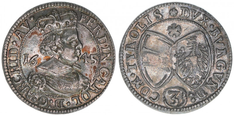 Erzherzog Ferdinand Carl 1646-1662
3 Kreuzer, 1645. Hall
1,48g
vz