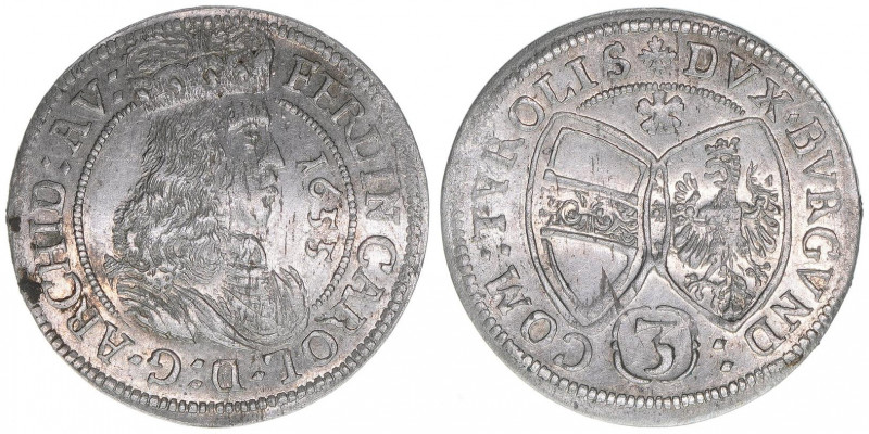 Erzherzog Ferdinand Karl 1632-1662
3 Kreuzer, 1655. Hall
1,56g
MT--
vz