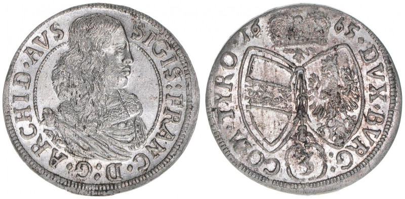 Erzherzog Sigismund Franz 1663-1665
3 Kreuzer, 1665. Hall
1,47g
MT 536
vz/stfr