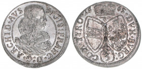 Erzherzog Sigismund Franz 1663-1665
3 Kreuzer, 1665. Hall
1,47g
MT 536
vz/stfr