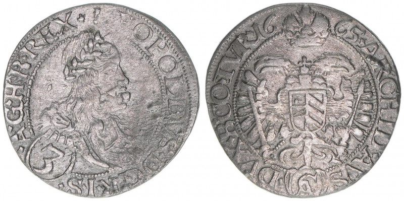 Leopold I. 1658-1705
3 Kreuzer, 1665 CA. Wien
1,36g
Herinek 1645
ss